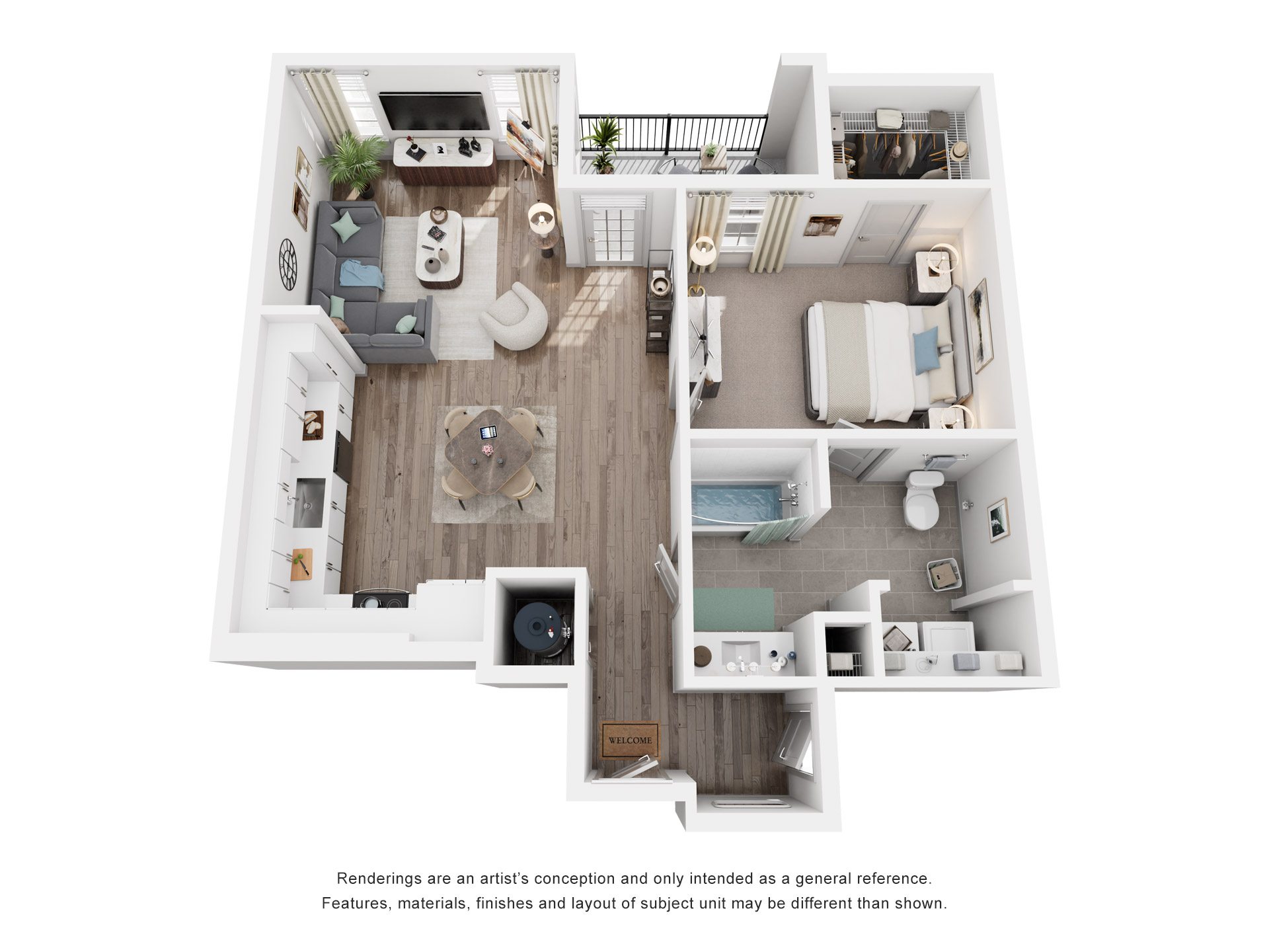 Floor plan for 1 bed, 1 bath, 808 sqft